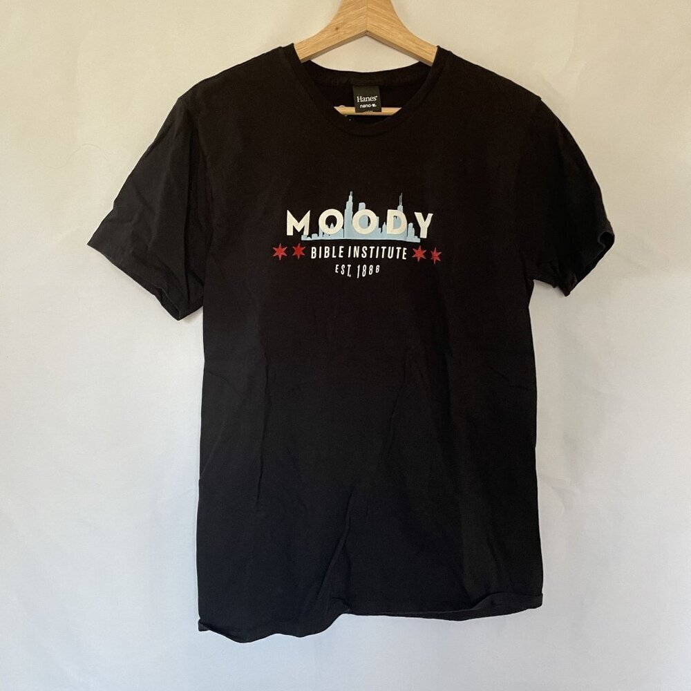 Moody Bible Institute‎ Black Graphic T-Shirt Hanes Nano-T women's size small